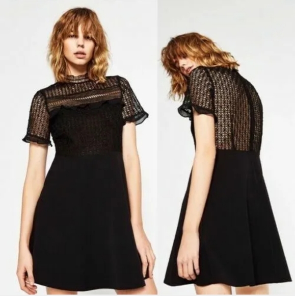 Zara Black Lace Mini Dress Size XS - Picture 2 of 11